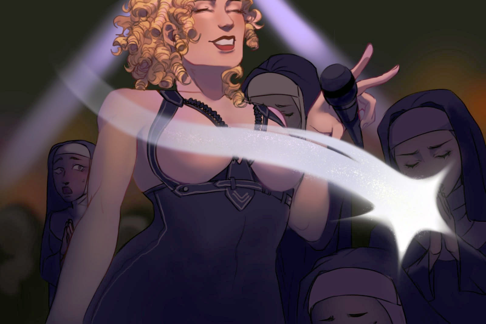 An artists rendition of Madonna performing.