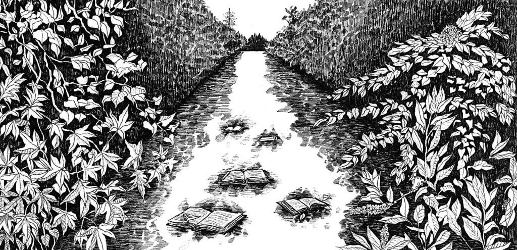 A black and white image of a river with books drifting down that have darkness oozing around them.